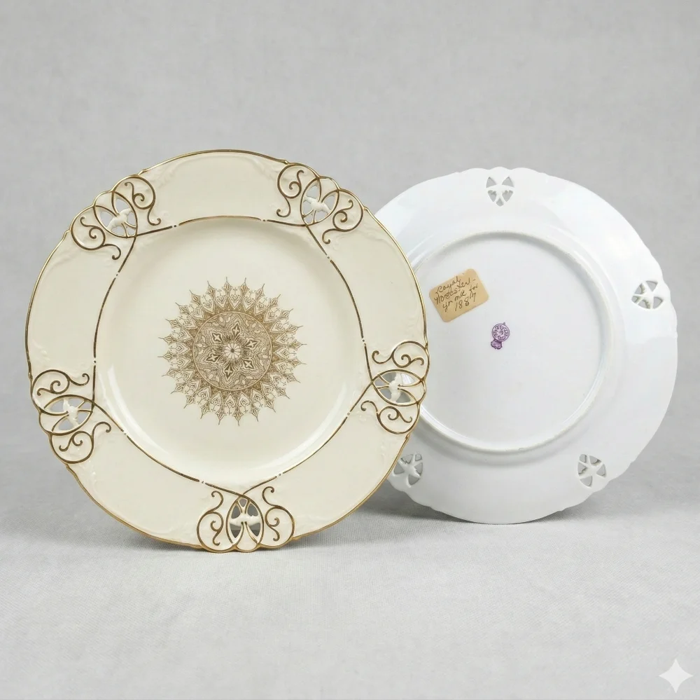 Antique 1887 Royal Worcester Pierced Rim Plate – Gold Gilt Medallion – Victorian